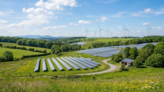 Renewable energy landscape with solar panels and wind turbines in a green valley under a blue sky with clouds