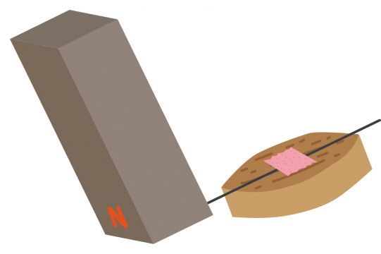 Illustration eines Nadelkompasses aus Korken gebastelt mit einem Magneten