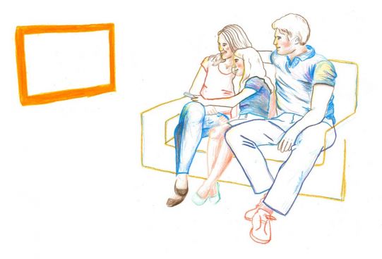 Illustration einer Familie auf dem Sofa beim Fernsehen