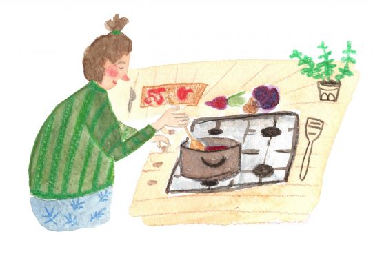 Illustration einer Person, die einen Farbsud zum Eier färben kocht