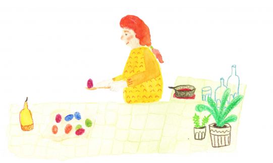 Illustration einer Person, die gefärbte Eier aus dem Farbsud nimmt