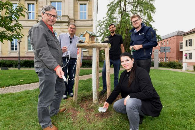 Pilotprojekt »Smarter Friedrichsplatz« Stephan Erat (Umweltamt), Martin Weis (OK-Lab), Sven Klenert (IT-Amt), Dana Schindler (Stadtwerke Karlsruhe), Fabian Collet (Gartenbauamt) (v.l.n.r.)