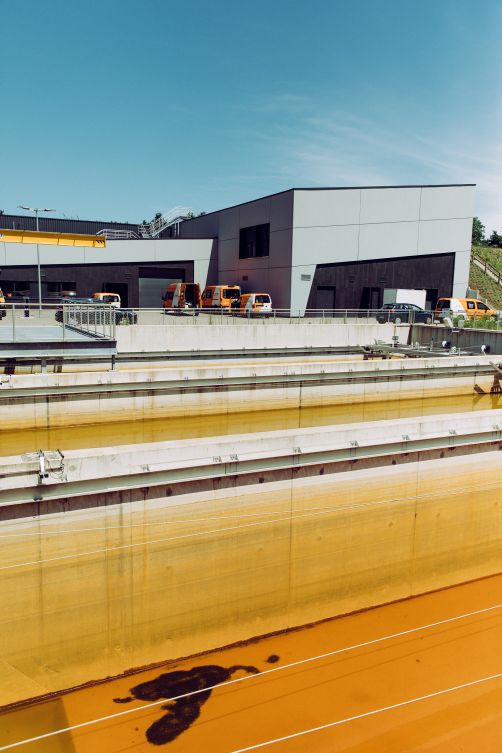 Im Absetzbecken trennen sich das aus dem Grundwasser gefilterte Eisen und Mangan vom Wasser, das im Sickerbecken wieder zu Grundwasser wird.