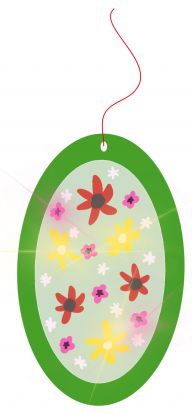 Zeichnung eines mit Blumen beklebten Papptellers