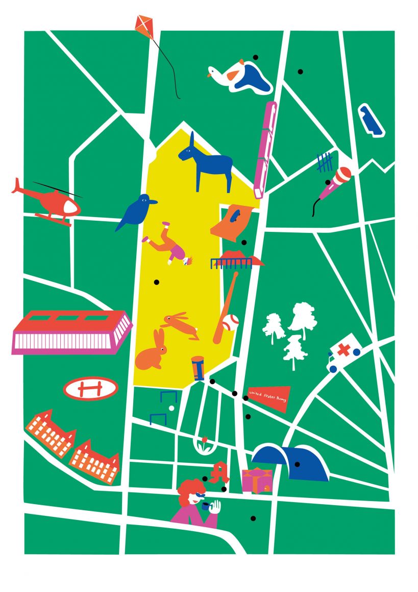 ↗ 1 Alter Flugplatz, 2 Grenadierstraße, 3 Toni-Menzinger-Brücke, 4 Infosäule / Weg durch den Alten Flugplatz, 5 Weißdornweg, 6 ehem. Hochbunker, 7 New-Jersey-Straße, 8 Heidesee, 9 Nationales Schutzgebiet Grüner Weg, 10 Restaurant Fünf / Mikado, 11 Synagoge, 12 Kunstakademie, 13 Apotheke / coffeeboxx, 14 Städtisches Klinikum