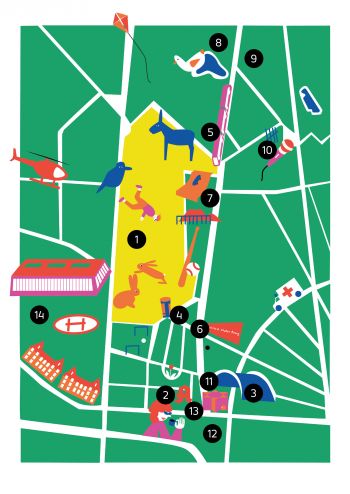 ↗ 1 Alter Flugplatz, 2 Grenadierstraße, 3 Toni-Menzinger-Brücke, 4 Infosäule / Weg durch den Alten Flugplatz, 5 Weißdornweg, 6 ehem. Hochbunker, 7 New-Jersey-Straße, 8 Heidesee, 9 Nationales Schutzgebiet Grüner Weg, 10 Restaurant Fünf / Mikado, 11 Synagoge, 12 Kunstakademie, 13 Apotheke / coffeeboxx, 14 Städtisches Klinikum