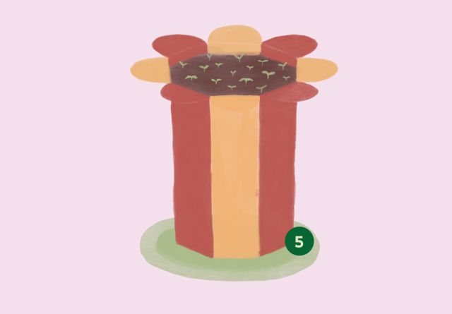 Illustration eines Blumentopes aus Milchkarton, in dem Kräuter wachsen