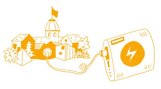 Illustration des Karlsruher Schlosses und der Pyramide, die an eine Powerbank angeschlossen sind.