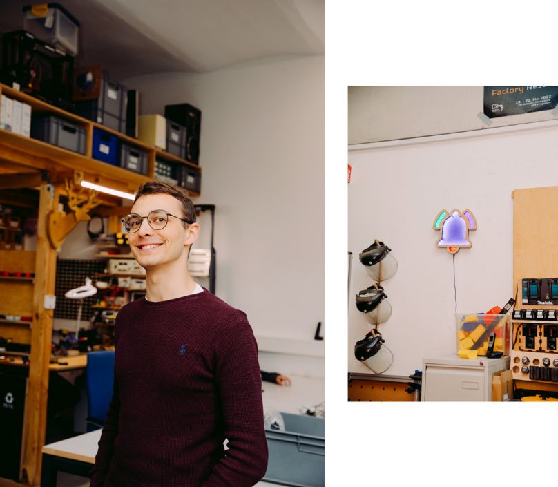Luca Niese kümmert sich im FabLab um die Öffentlichkeitsarbeit. Der Verein unterstützt seine Mitglieder dabei, Neues handwerklich-technisch auszuprobieren und zu entwickeln. Im FabLab Karlsruhe ist natürlich auch die Klingelanlage selbst gebaut und formschön!