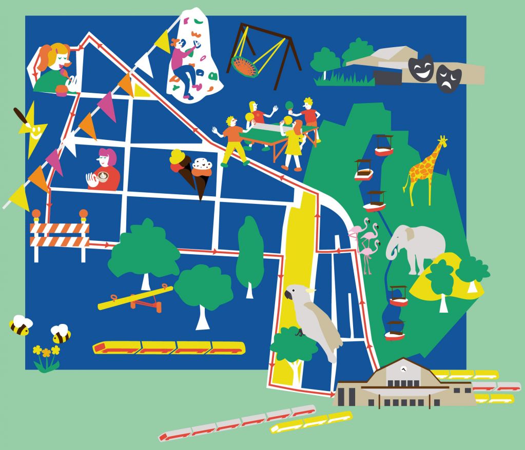 ↗ 1 Kletterwand auf dem Archivplatz, 2 Eiscafé Memo, 3 Kolibri-Wandgemälde an der alten Tankstelle, 4 Spielplatz Beiertheimer Allee, 5 Klauprechtstraße, 6 Begegnung mit Rocko, dem Kakadu