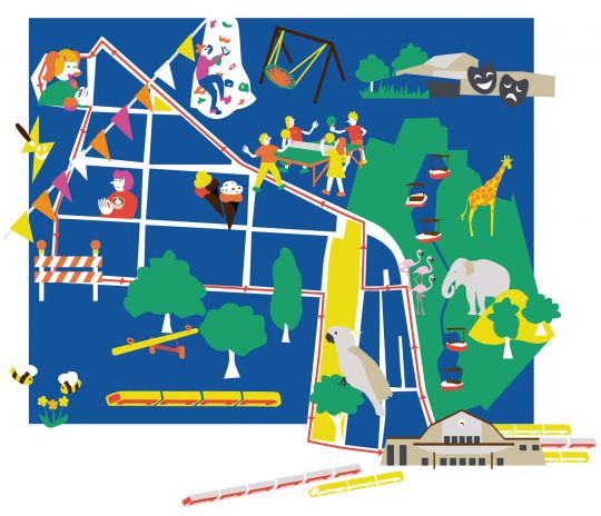 ↗  1 Kletterwand auf dem Archivplatz, 2 Eiscafé Memo, 3 Kolibri-Wandgemälde an der alten Tankstelle, 4 Spielplatz Beiertheimer Allee, 5 Klauprechtstraße, 6 Begegnung mit Rocko, dem Kakadu