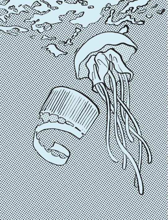 Illustration Müll im Meer und Qualle 