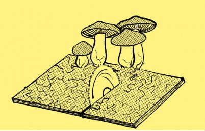 Illustration Pilz mit Myzel auf Holzuntergrund