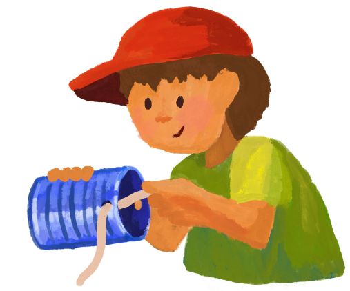 Illustration: Kind fädelt Seil durch Dose