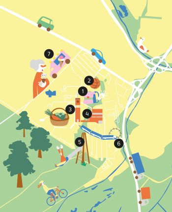 1. Anne-Frank-Schule, 2. Basketballplatz, 3. Julius-Leber-Platz mit Tram-Haltestelle Zentrum, 4. Pfarramt Versöhnungsgemeinde, Ökumenisches Zentrum, 5. Spielplatz, 6. Badenia-Platz mit Tram-Wendeschleife, 7. Eis-Oma-Wagen.