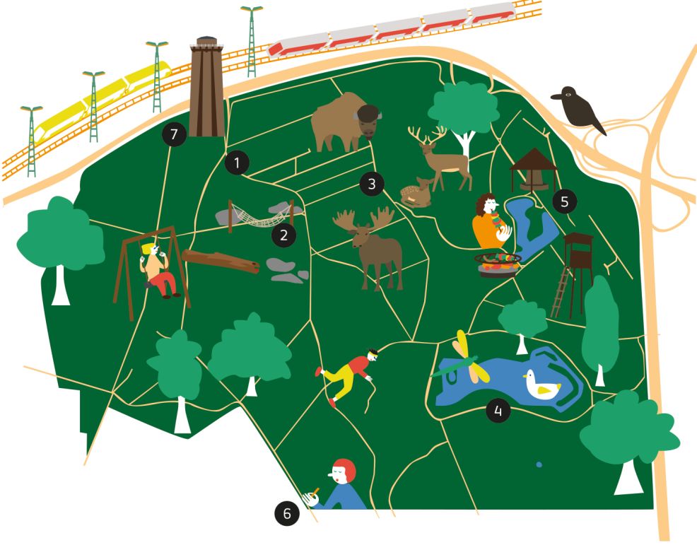 1. Trinkbrunnen »Grotte«, 2. Neuer Spielplatz »Affenplätzle«, 3. Tiergehege, 4. Erlachsee mit Aussichtspunkt, 5. Grillplatz am Oberwaldsee, 6. »Zwitscherstube«, 7. Wasserwerk