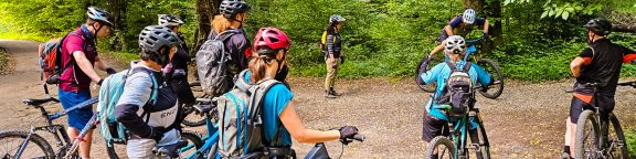 Mountainbiker in einer Gruppe im Wald