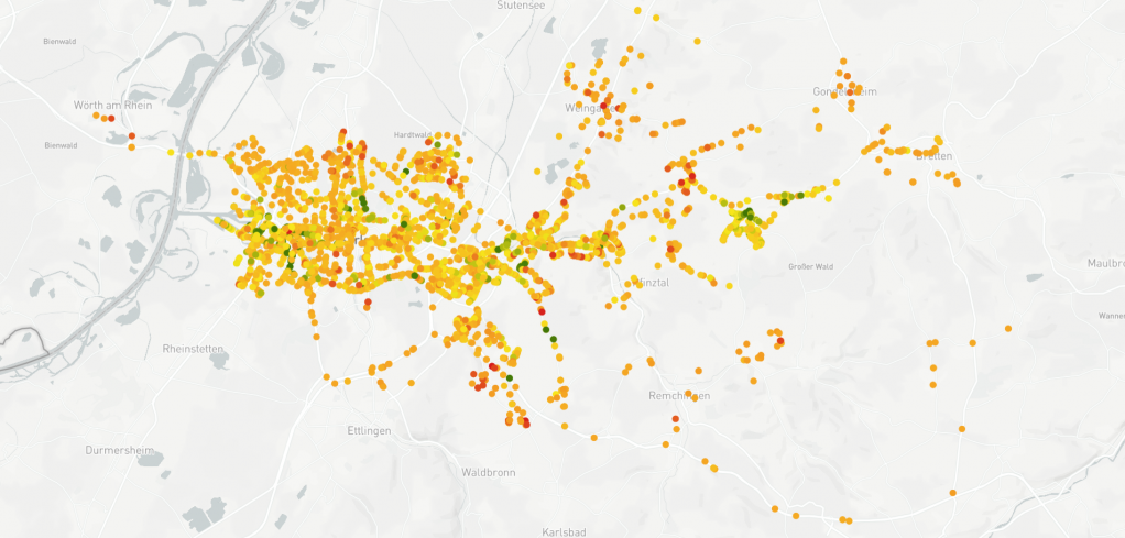 Die GPS-Daten der Messpunkte und die Stärke, mit der das Signal an der Antenne ankam, wurden an die Stadtwerke-Server übertragen und in einer Karte erfasst.