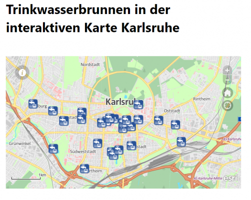 Auf www.karlsruhe.de gibt es eine Übersicht über Trinkwasserbrunnen (Screenshot)