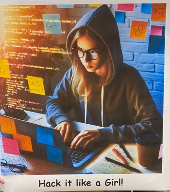 Das Bild ist KI-generiert und zeigt eine junge Frau, die am PC etwas programmiert.