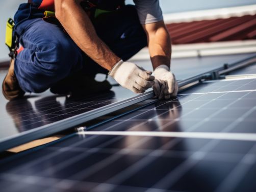 Monteur bei der Installation einer Photovoltaikanlage