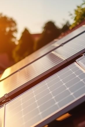 Abbildung einer Photovoltaikanlage in einem Wohngebiet mit Sonnenschein